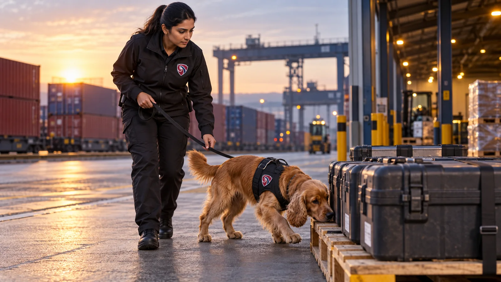 Detection dog handler and spaniel searching secure cases at a logistics port
